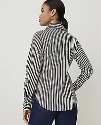 Ann Taylor Striped Tie Waist Button Down Shirt French Mocha Women's