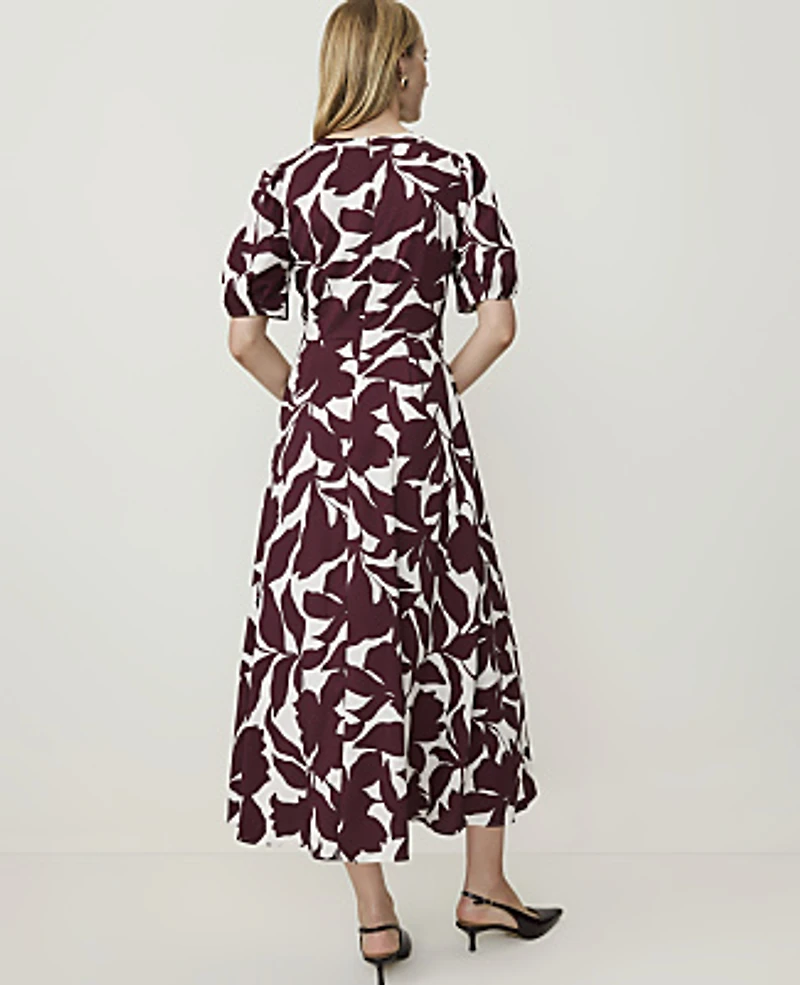 Ann Taylor Floral Puff Sleeve Midi Dress Purest Plum Women's