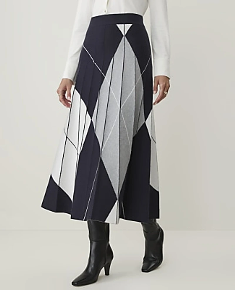 Ann Taylor Petite Pleated Argyle Jacquard Sweater Skirt Night Sky Women's