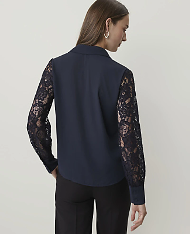 Ann Taylor Petite Lace Sleeve Shirt Night Sky Women's