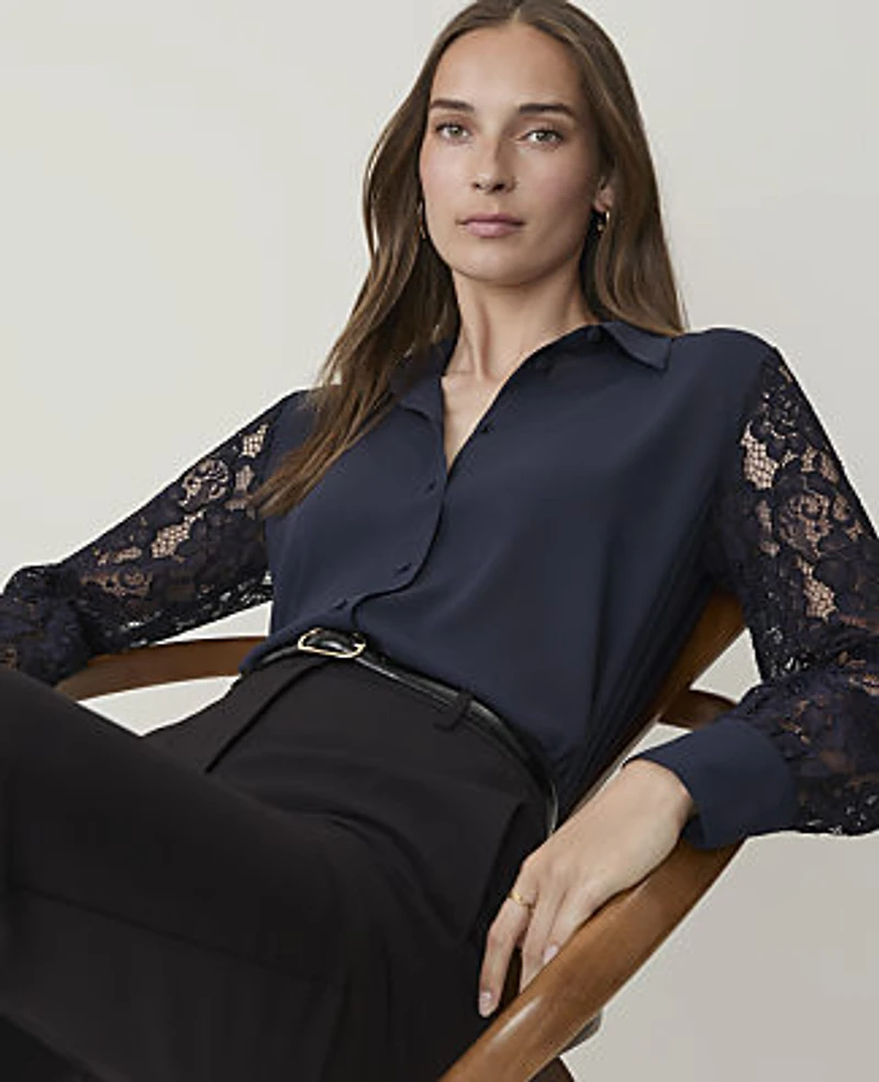 Ann Taylor Petite Lace Sleeve Shirt Night Sky Women's