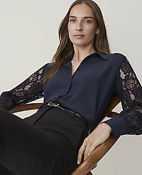 Ann Taylor Petite Lace Sleeve Shirt Night Sky Women's