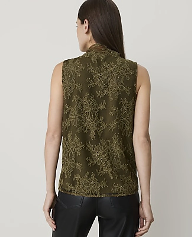 Ann Taylor Lace Bow Sleeveless Top Olive Sprig Women's