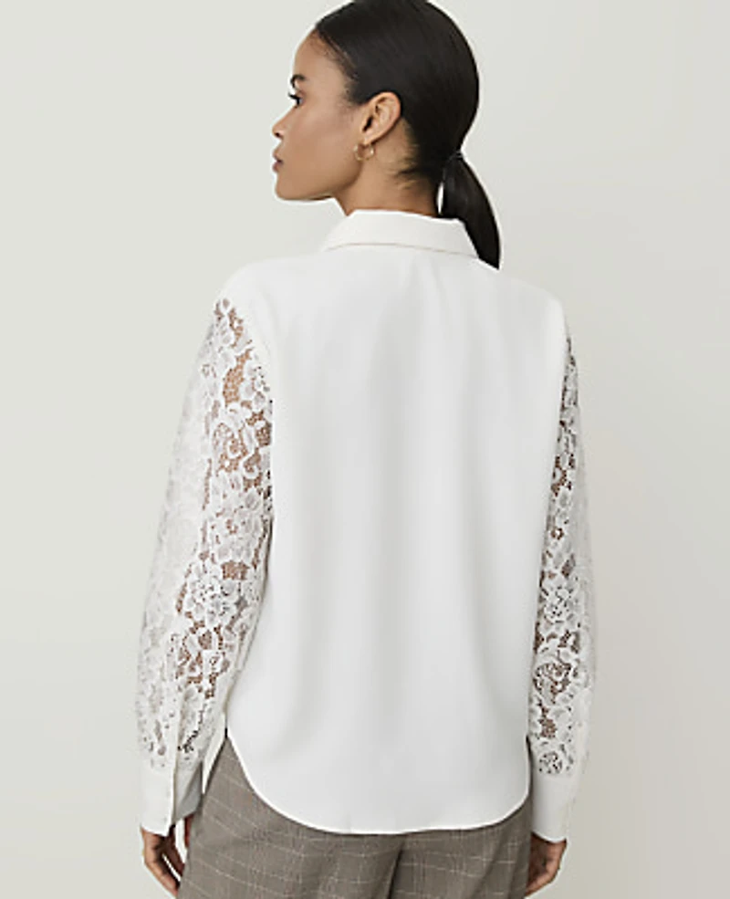 Ann Taylor Petite Lace Sleeve Shirt Winter White Women's