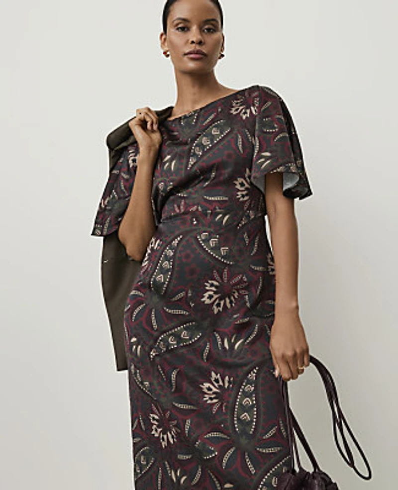 Ann Taylor Paisley Boatneck Column Midi Dress Safari Foliage Women's