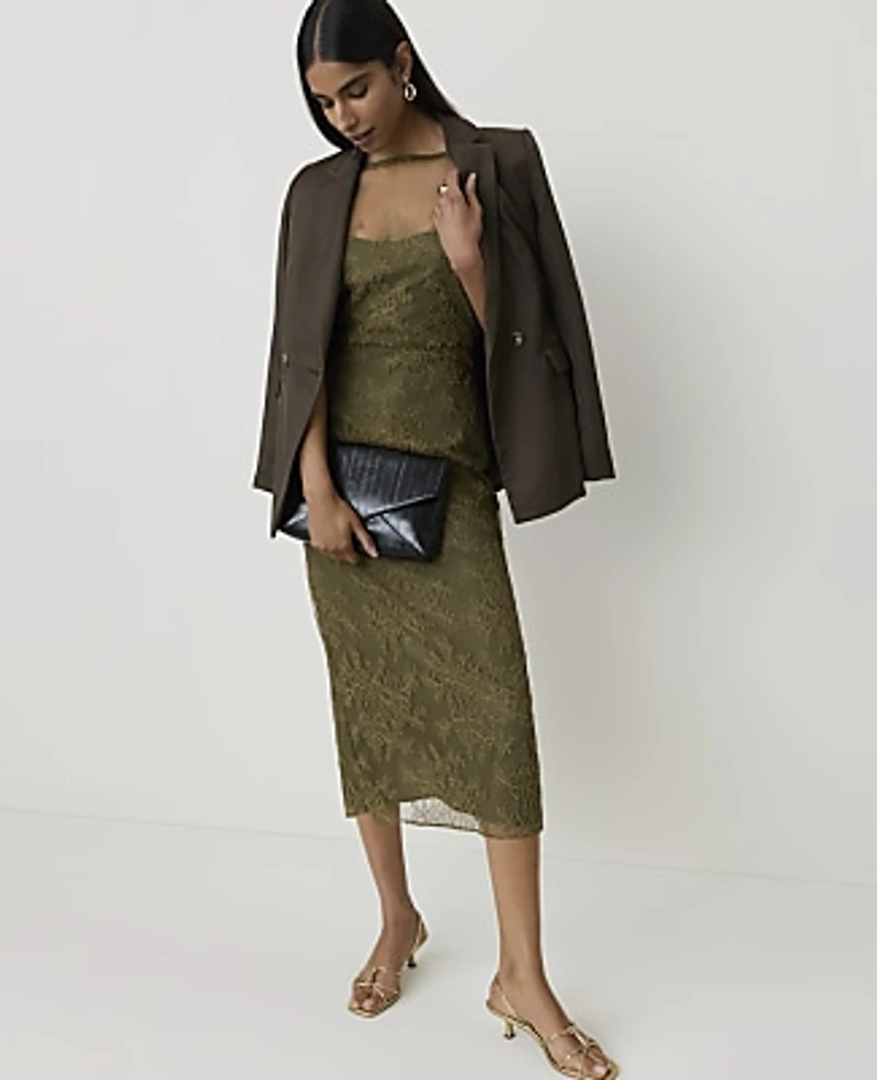 Ann Taylor Petite Lace Flutter Sleeve Midi Dress Olive Sprig Women's
