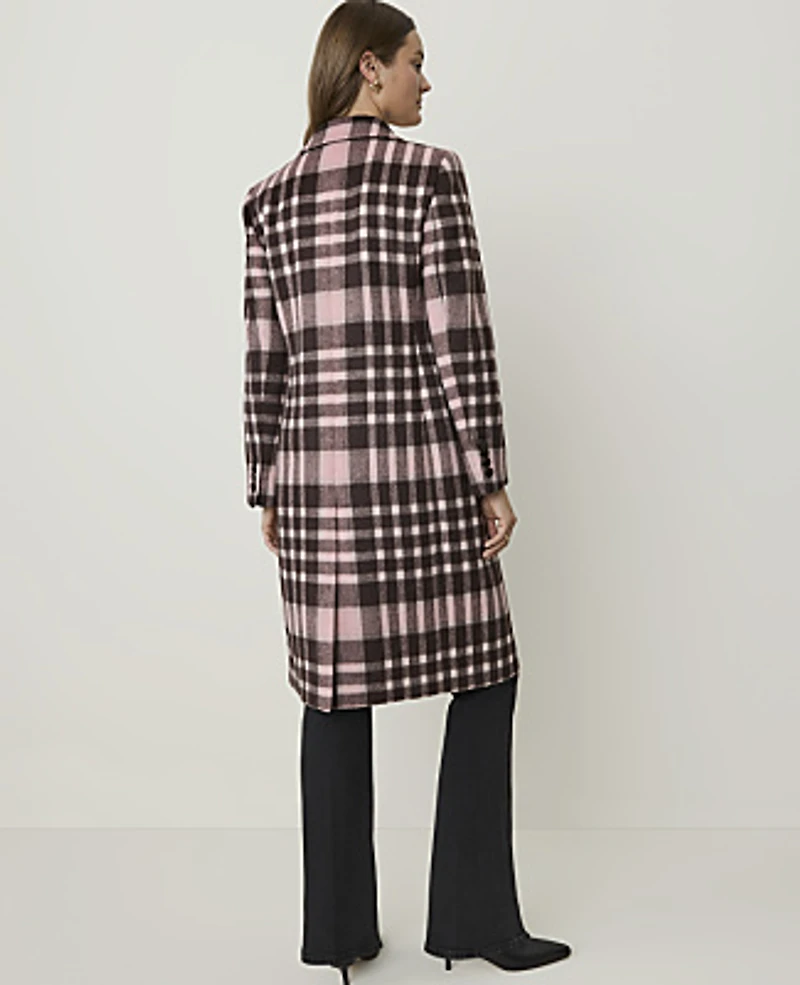 Ann Taylor Plaid Long Chesterfield Coat French Mocha Women's