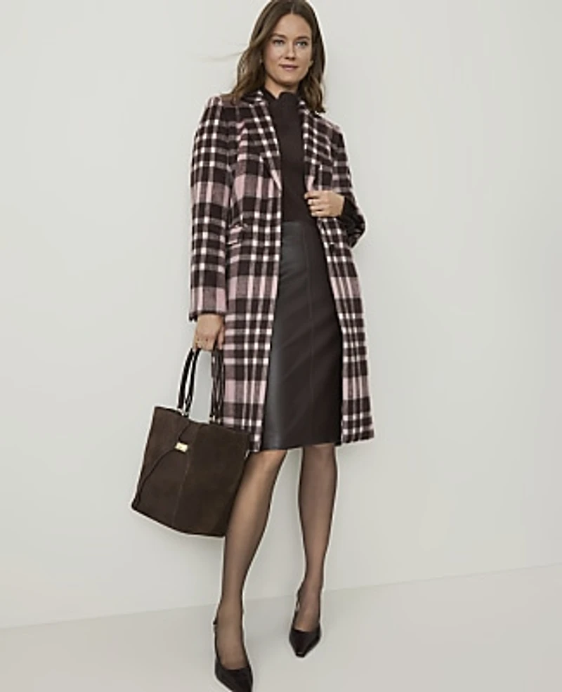 Ann Taylor Plaid Long Chesterfield Coat French Mocha Women's
