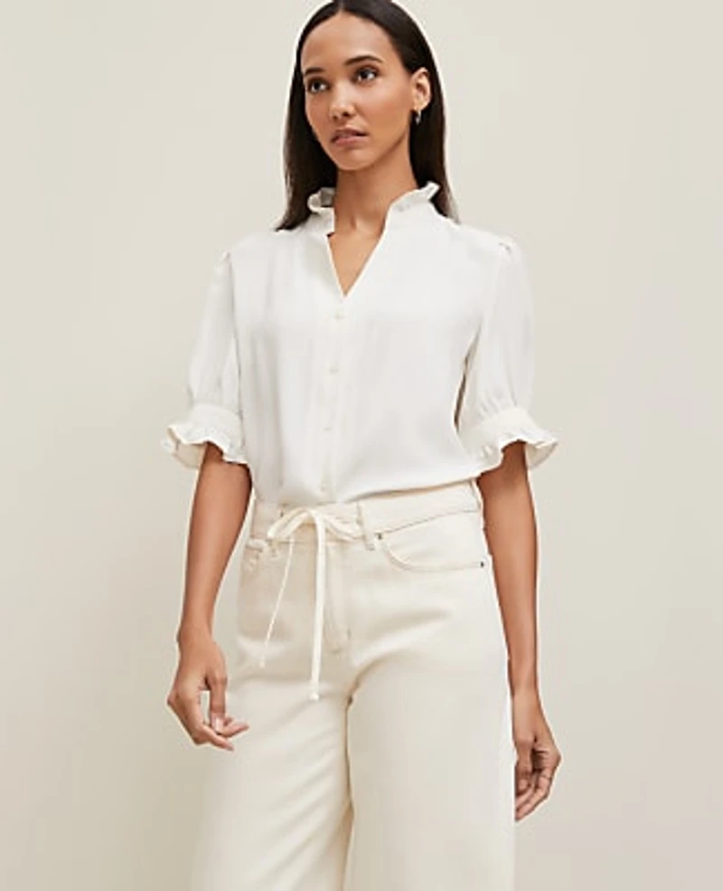 Ann Taylor Ruffle Collar Shirt Winter White Women's