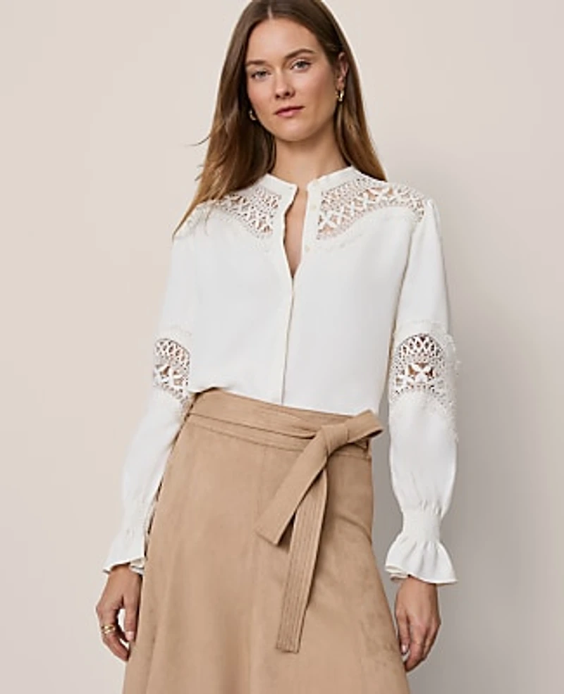 Ann Taylor Lace Trim Blouse Size Small Winter White Women's