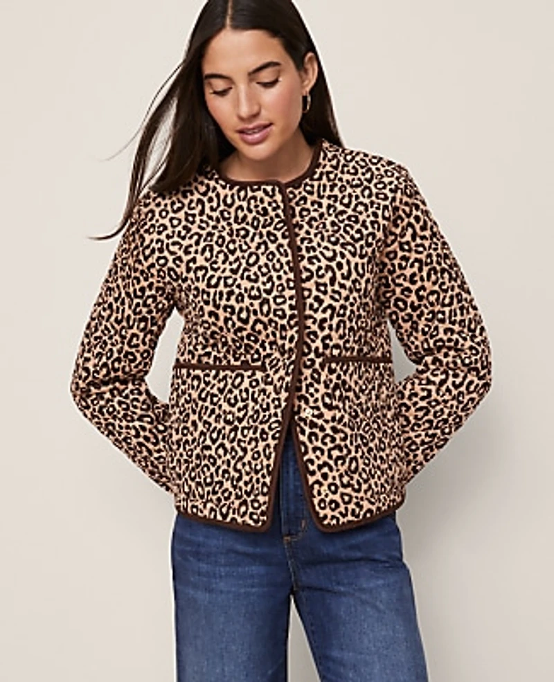 Ann Taylor Weekend Animal Print Quilted Jacket Cafe Au Lait Women's