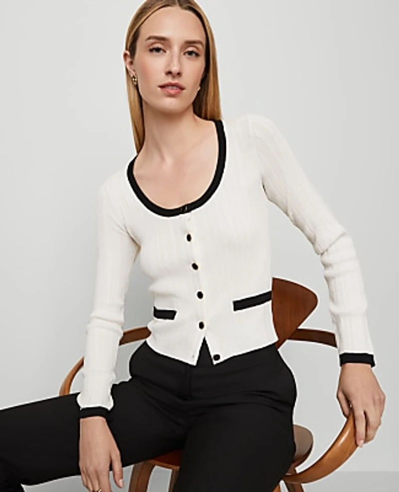 Ann Taylor Contrast Trim Cardigan Size XL Winter White Women's