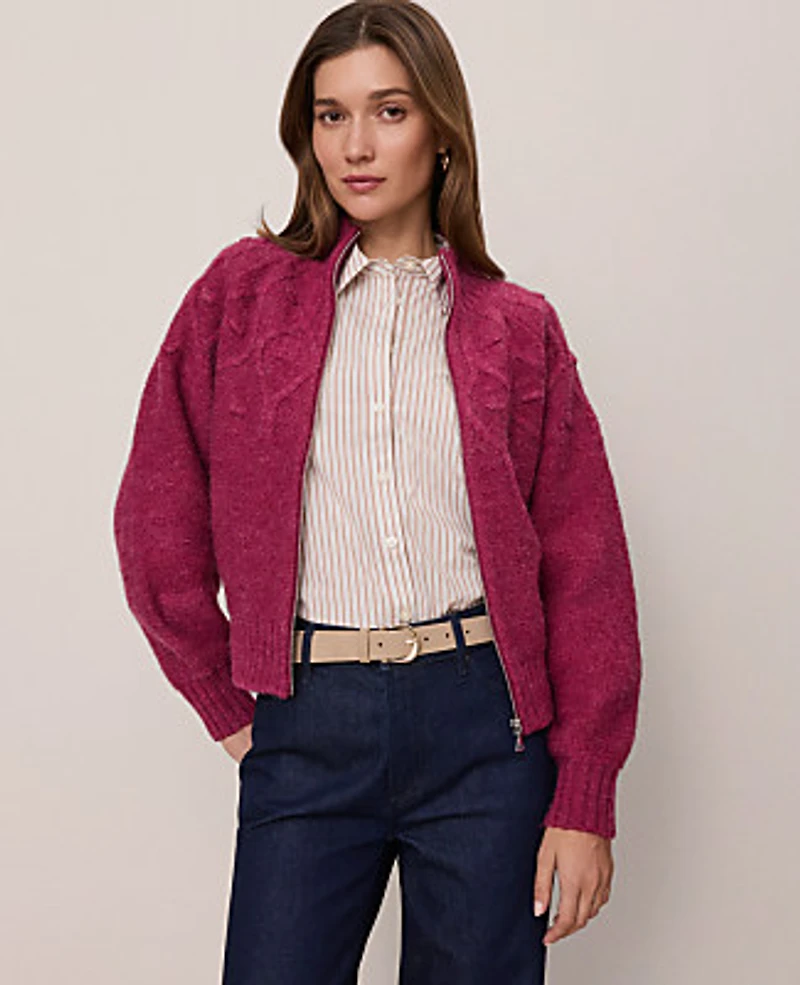 Ann Taylor Weekend Cable Bomber Sweater Jacket Strawberry Shortcake Women's