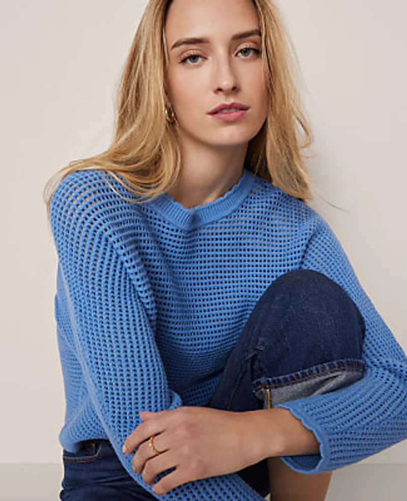 Ann Taylor Weekend Open Stitch Scalloped Sweater Women's