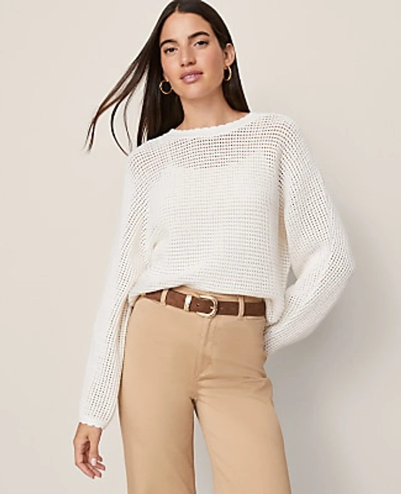 Ann Taylor Weekend Open Stitch Scalloped Sweater Women's