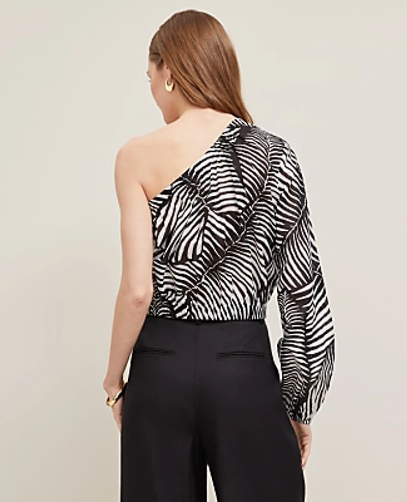 Ann Taylor Petite One-Shoulder Blouse Palm Print Black Women's