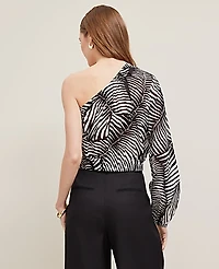 Ann Taylor Petite One-Shoulder Blouse Palm Print Black Women's
