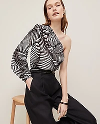 Ann Taylor Petite One-Shoulder Blouse Palm Print Black Women's