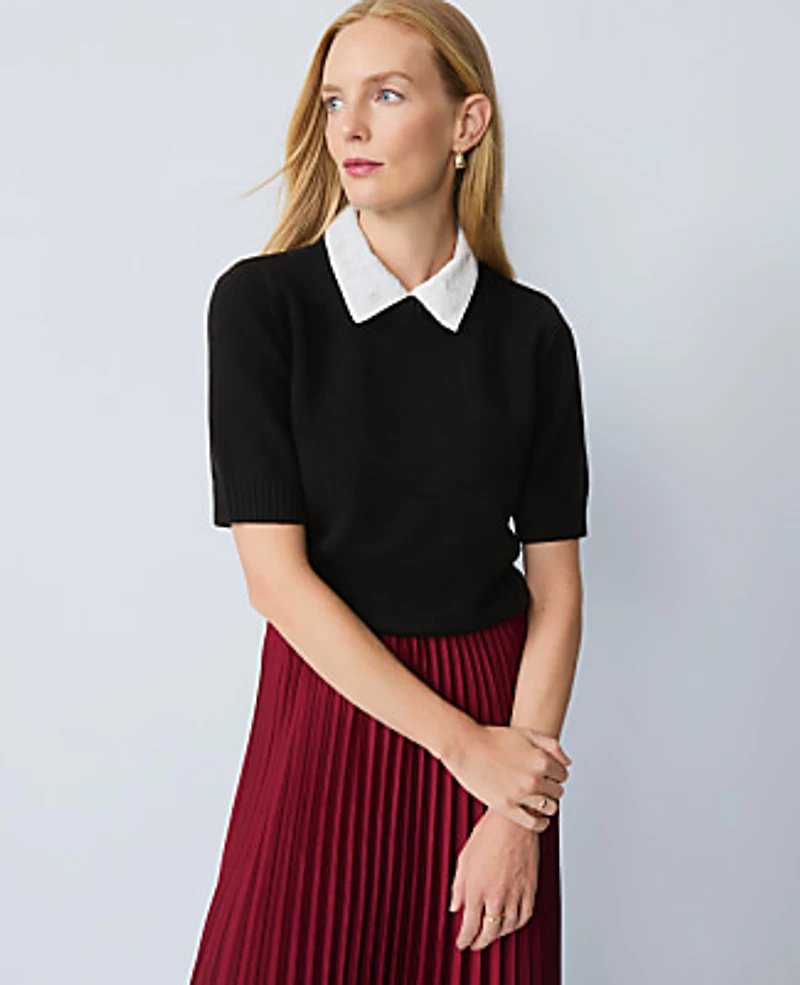 Ann Taylor Lace Collar Sweater T-Shirt Black Women's