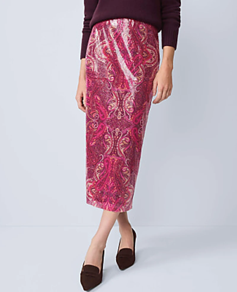 Ann Taylor Sequin Paisley Column Midi Skirt Poised Plum Women's