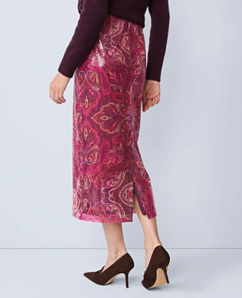 Ann Taylor Sequin Paisley Column Midi Skirt Poised Plum Women's