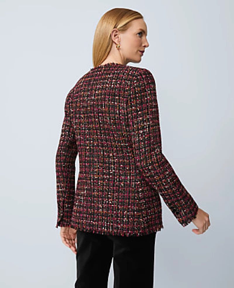 Ann Taylor The Long V-Neck Sequin Tweed Jacket Red/Black Multi Women's