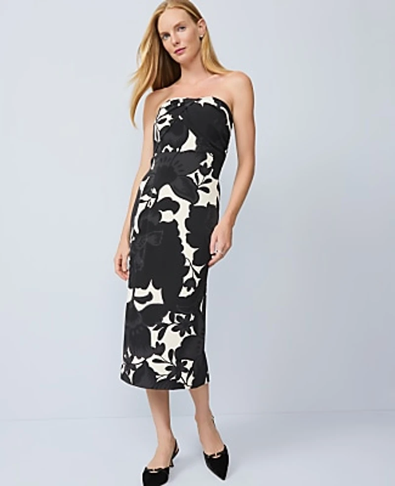 Ann Taylor Floral Strapless Midi Dress Black Women's