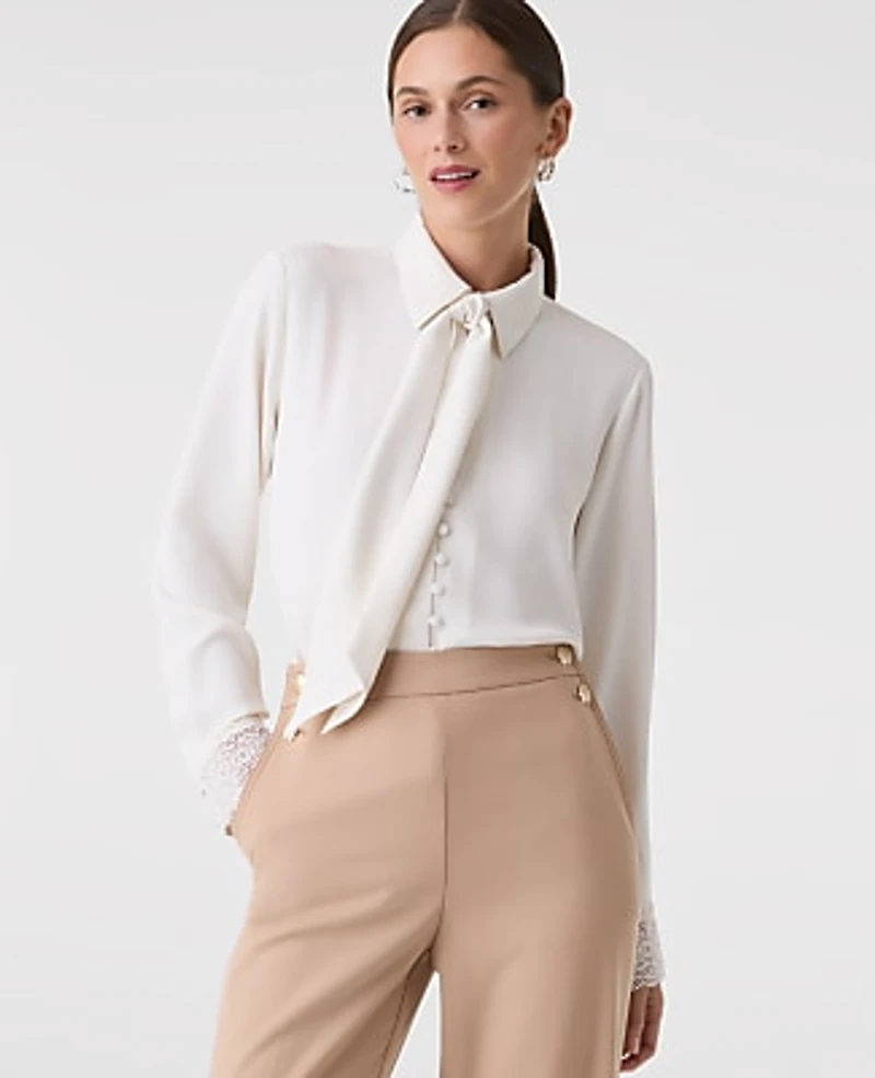 Ann Taylor Modern Tie Neck Blouse Size Large Winter White Women's
