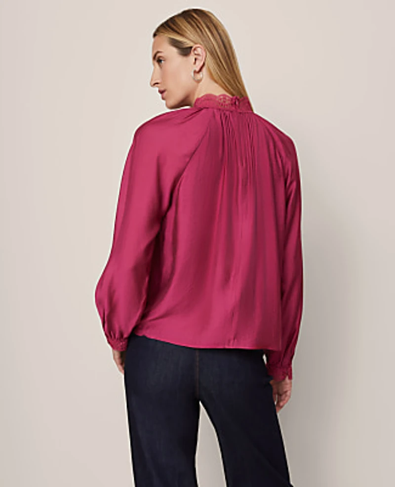 Ann Taylor Petite Lace Trim Blouse Size 2XS Berry Splash Women's