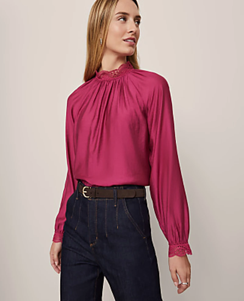 Ann Taylor Petite Lace Trim Blouse Size 2XS Berry Splash Women's