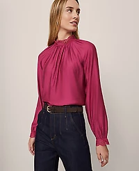 Ann Taylor Petite Lace Trim Blouse Size 2XS Berry Splash Women's
