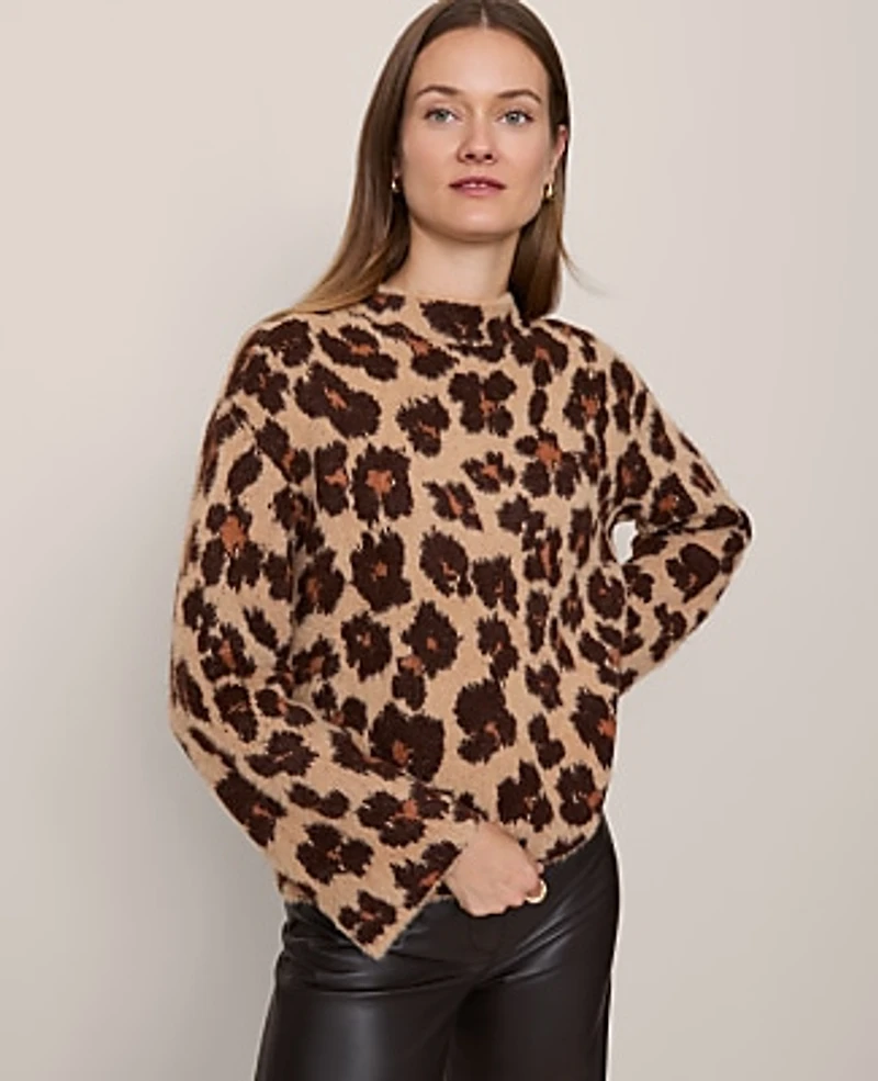Ann Taylor Animal Print Mock Neck Sweater Size Medium Cafe Au Lait Women's