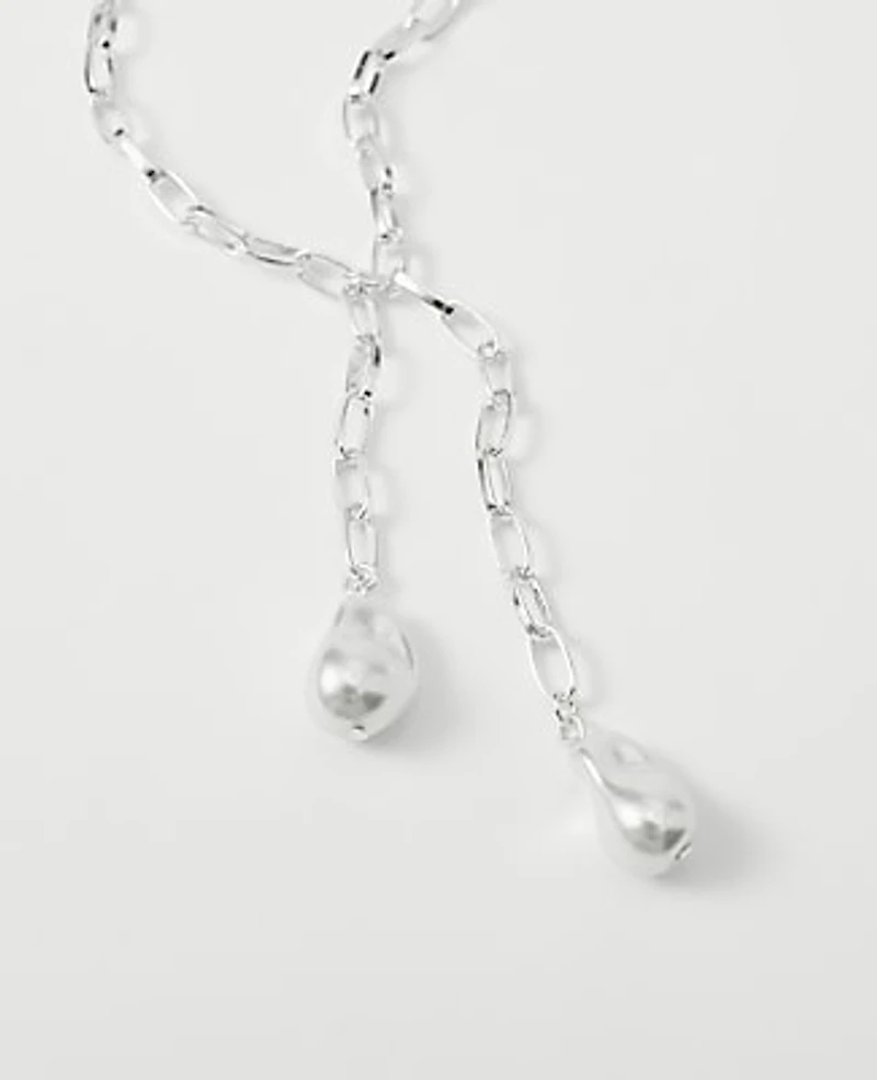 Ann Taylor Double Pearl Lariat Necklace Silvertone Women's