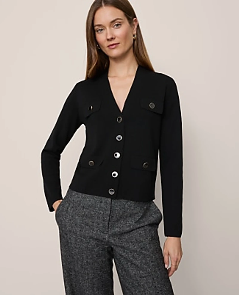 Ann Taylor Petite V-Neck Sweater Jacket Black Women's