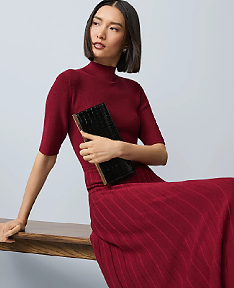 Ann Taylor Mock Neck Pleated Sweater Dress Cherry Pie Women's