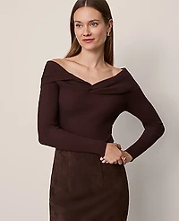 Ann Taylor Petite Twisted Off-The-Shoulder Sweater Size Large Pure Chocolate Women's