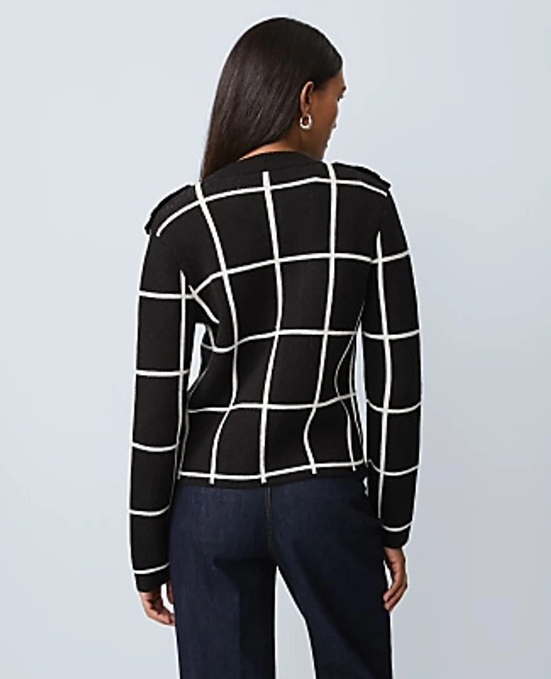 Ann Taylor Petite Windowpane Utility Sweater Jacket Black Women's