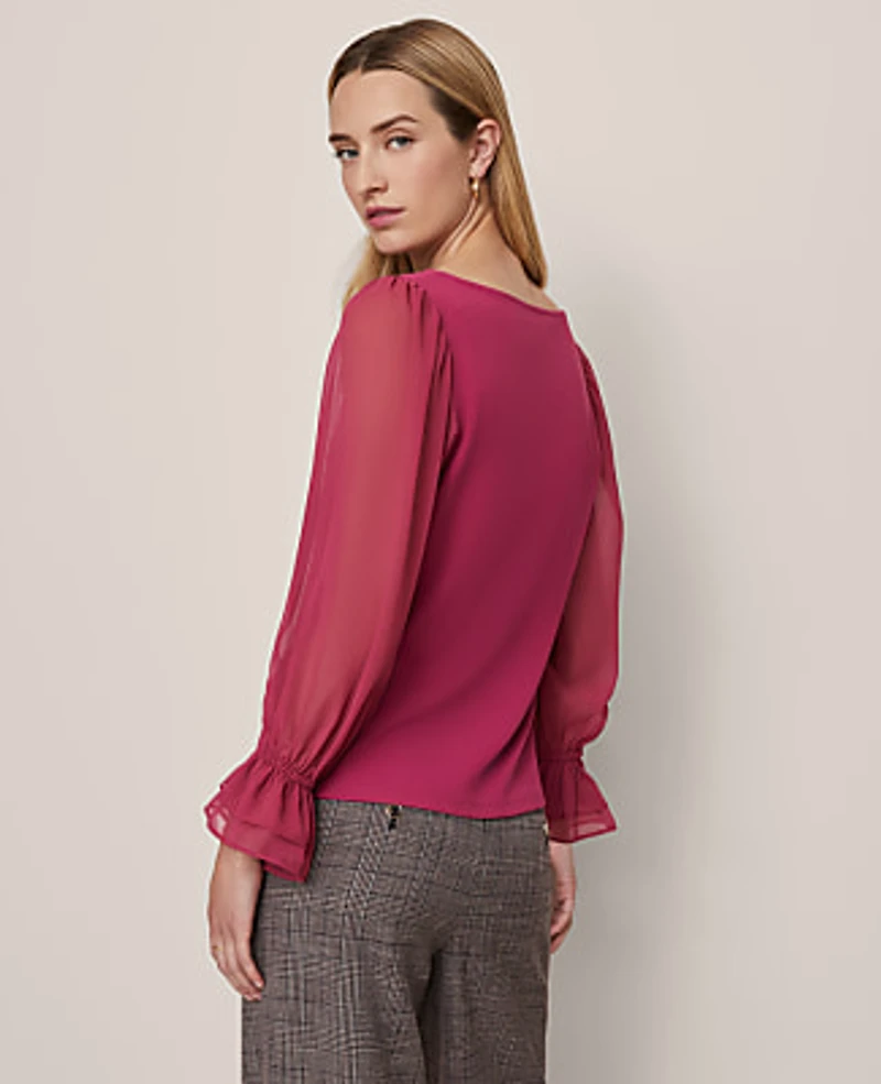 Ann Taylor Petite Mixed Media Pleated Sleeve Top Women's