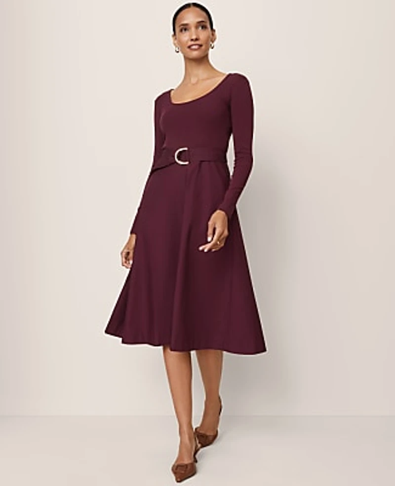 Ann Taylor Petite Mixed Media Flare Midi Dress Size 4 Poised Plum Women's