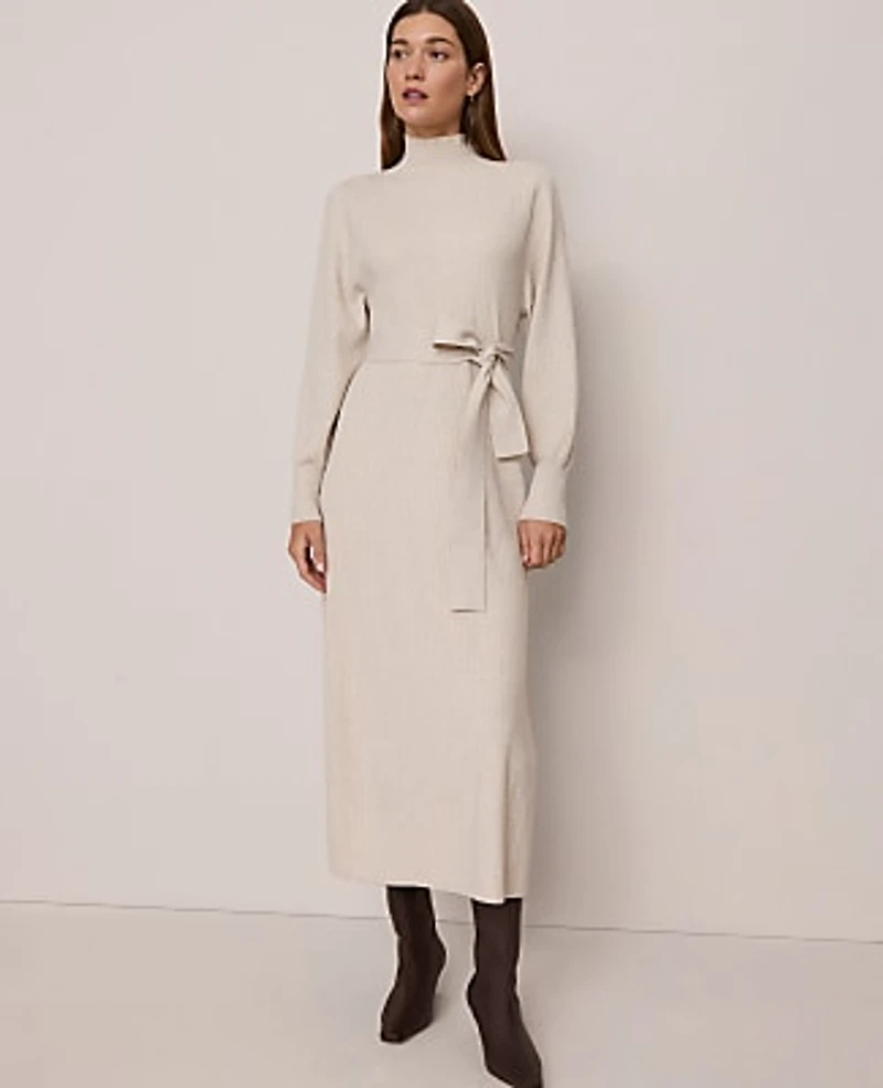 Ann Taylor Petite Weekend Ribbed Turtleneck Sweater Dress Pale Sand Heather Women's