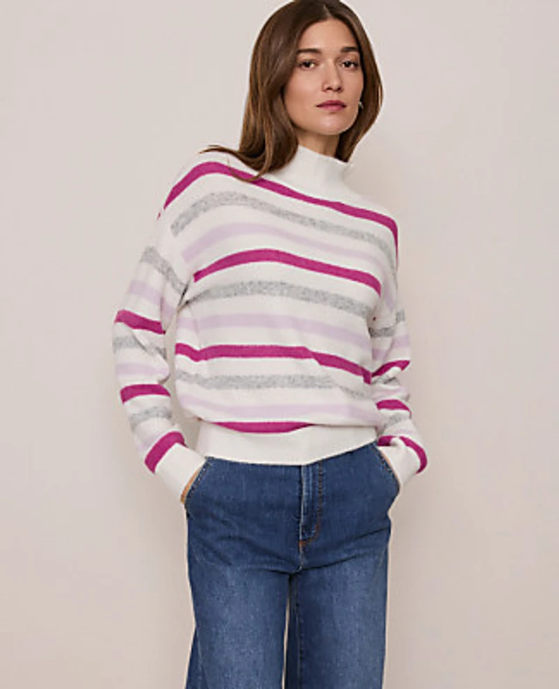 Ann Taylor Petite Weekend Striped Turtleneck Sweater Dahlia Mauve Women's