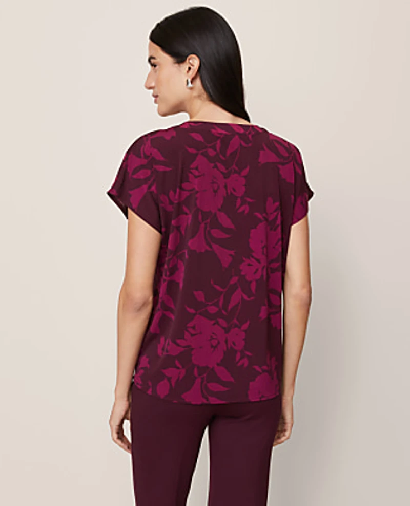 Ann Taylor Petite Floral Mixed Media Pleat Front Top Poised Plum Women's