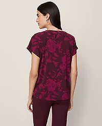 Ann Taylor Petite Floral Mixed Media Pleat Front Top Poised Plum Women's