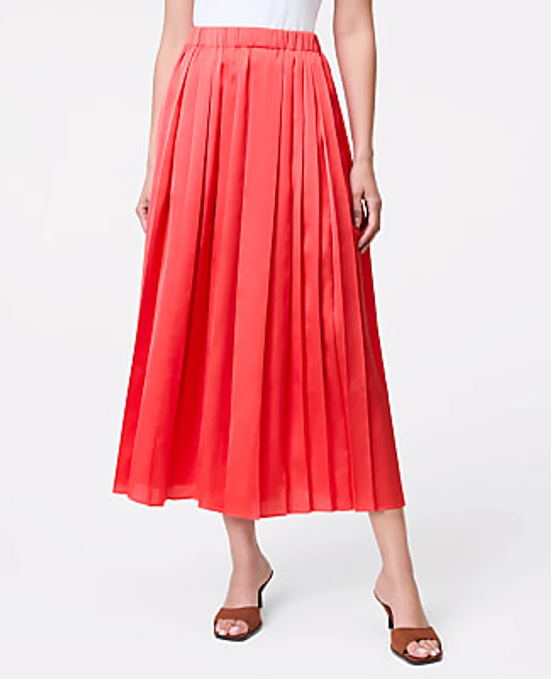 Ann Taylor Satin Pleated Midi Skirt Fiery Sunset Women's