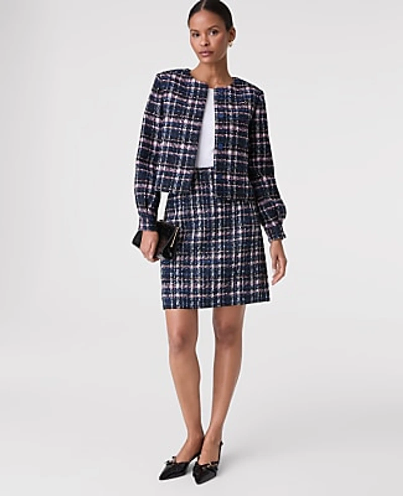 Ann Taylor The Crew Neck Jacket Plaid Tweed Pink/Blue Women's