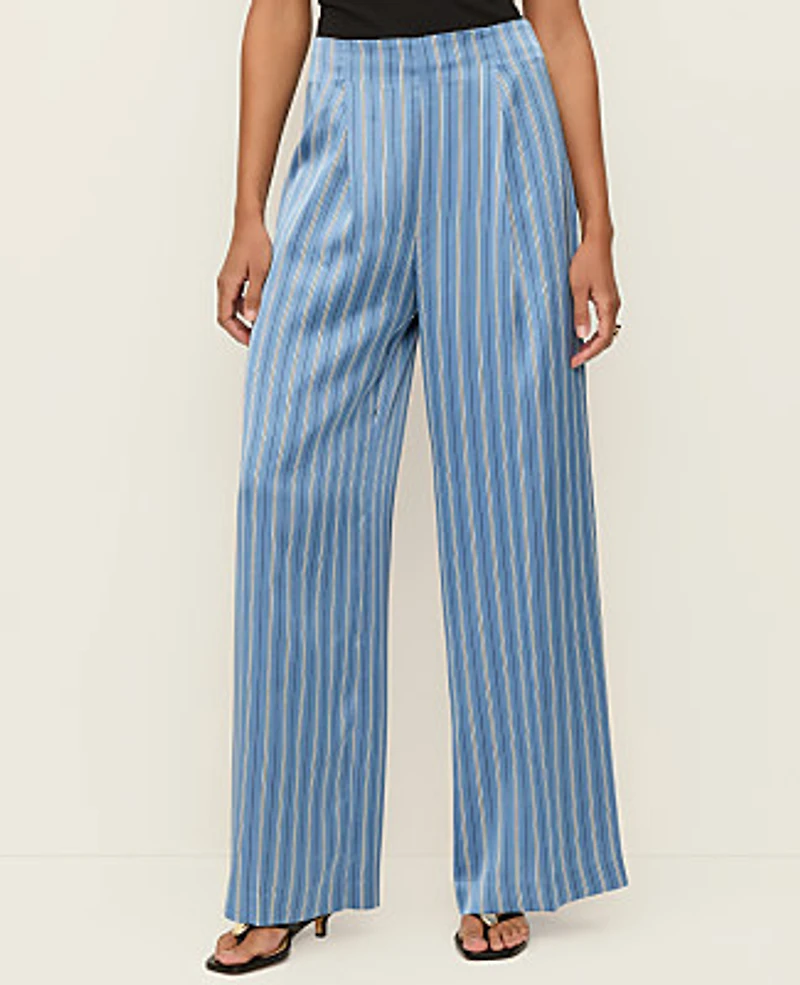 Ann Taylor The Pleated Satin Wide-Leg Pant Stripes Muted Sky Women's