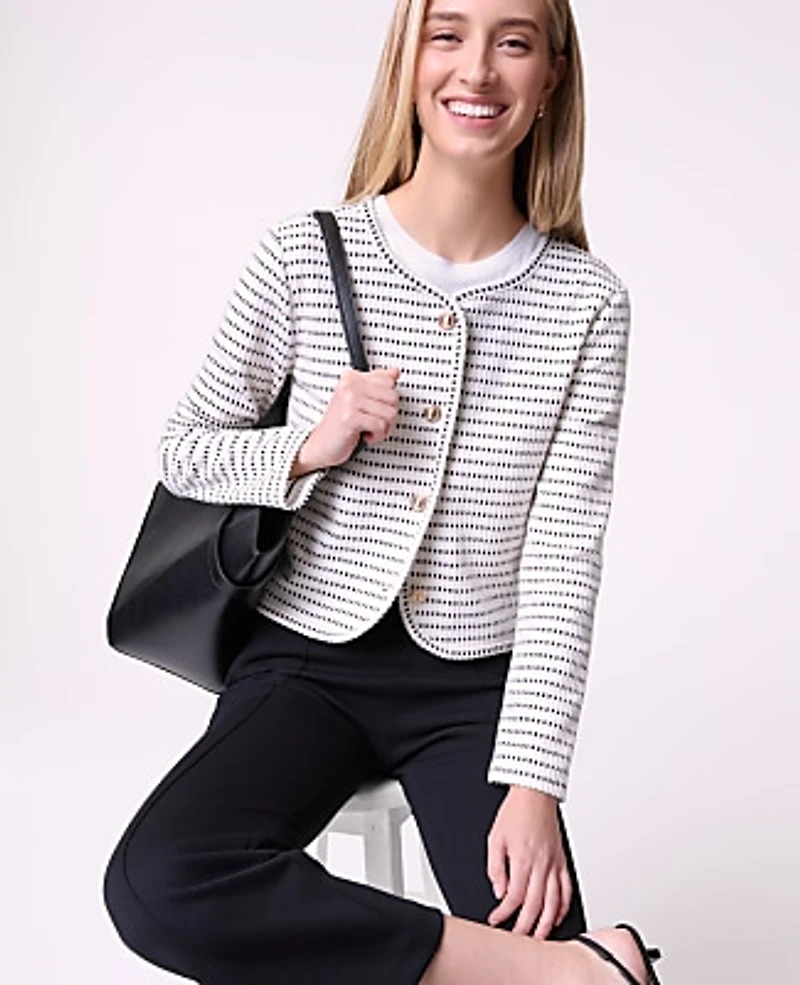 Ann Taylor Weekend Striped Knit Jacket Ivory/Navy Multi Women's