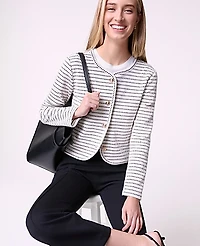 Ann Taylor Weekend Striped Knit Jacket Ivory/Navy Multi Women's