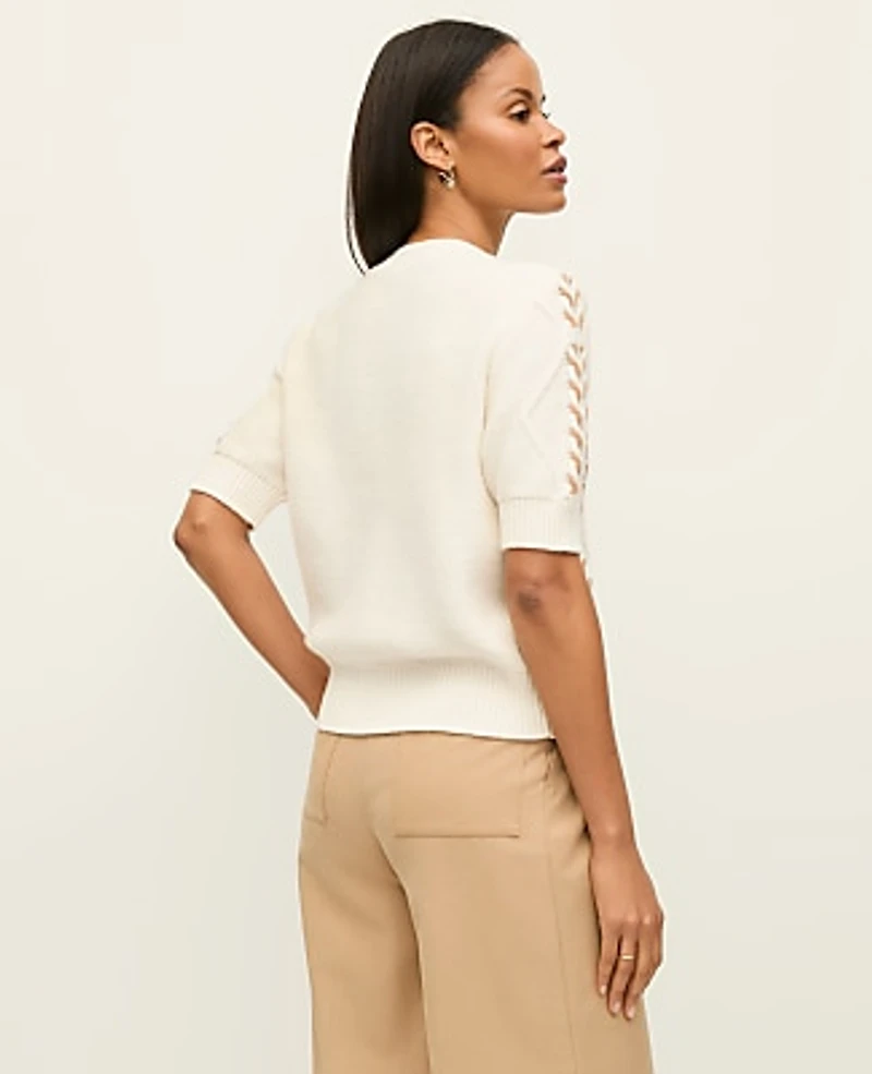 Ann Taylor Contrast Stitch Cable Sweater Winter White Women's