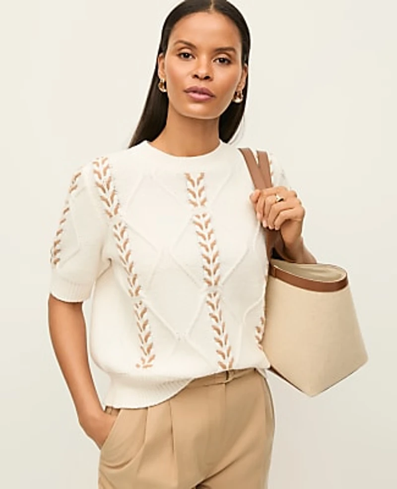 Ann Taylor Contrast Stitch Cable Sweater Winter White Women's